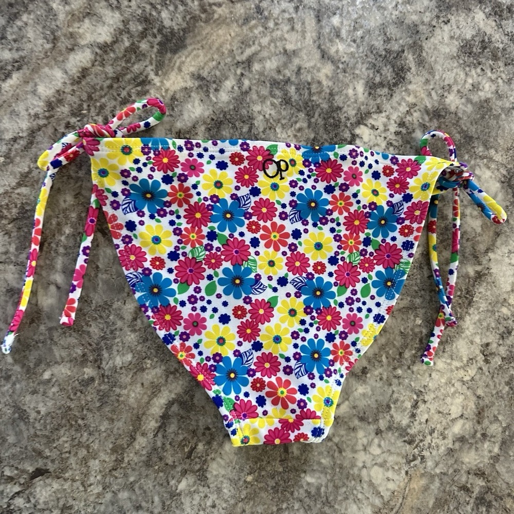 OP Bikini Bottoms Size Small White Bold Floral Side Tie Ocean Pacific Summer Fun
